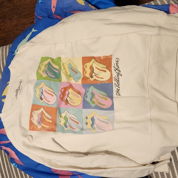 the Rolling Stones Tops - the Rolling Stones White Sweatshirt with Multicolor Pop Art Tongue Graphics